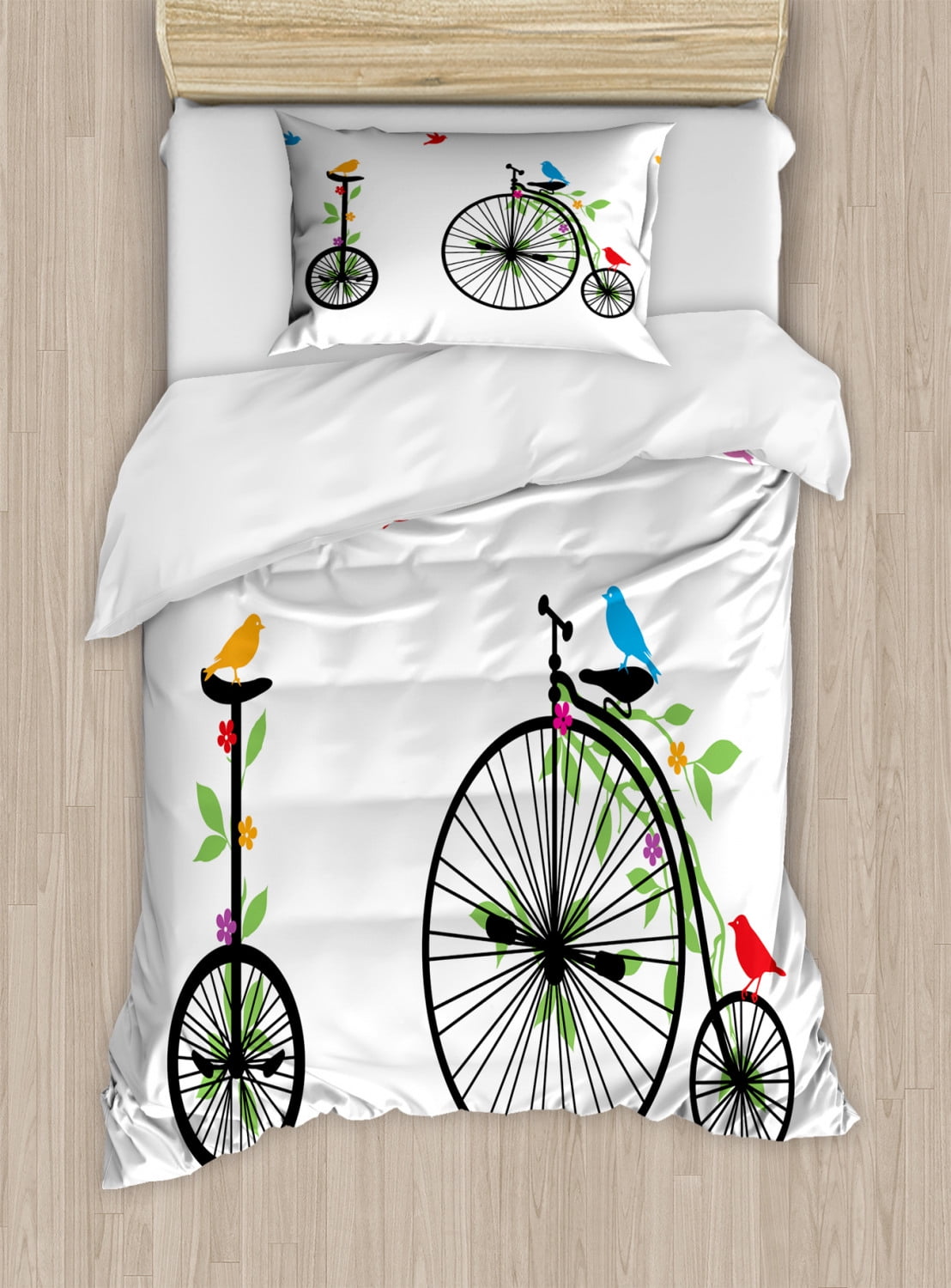 Bicycle Duvet Cover Set Twin Size, Flying Birds and Flowers on Old