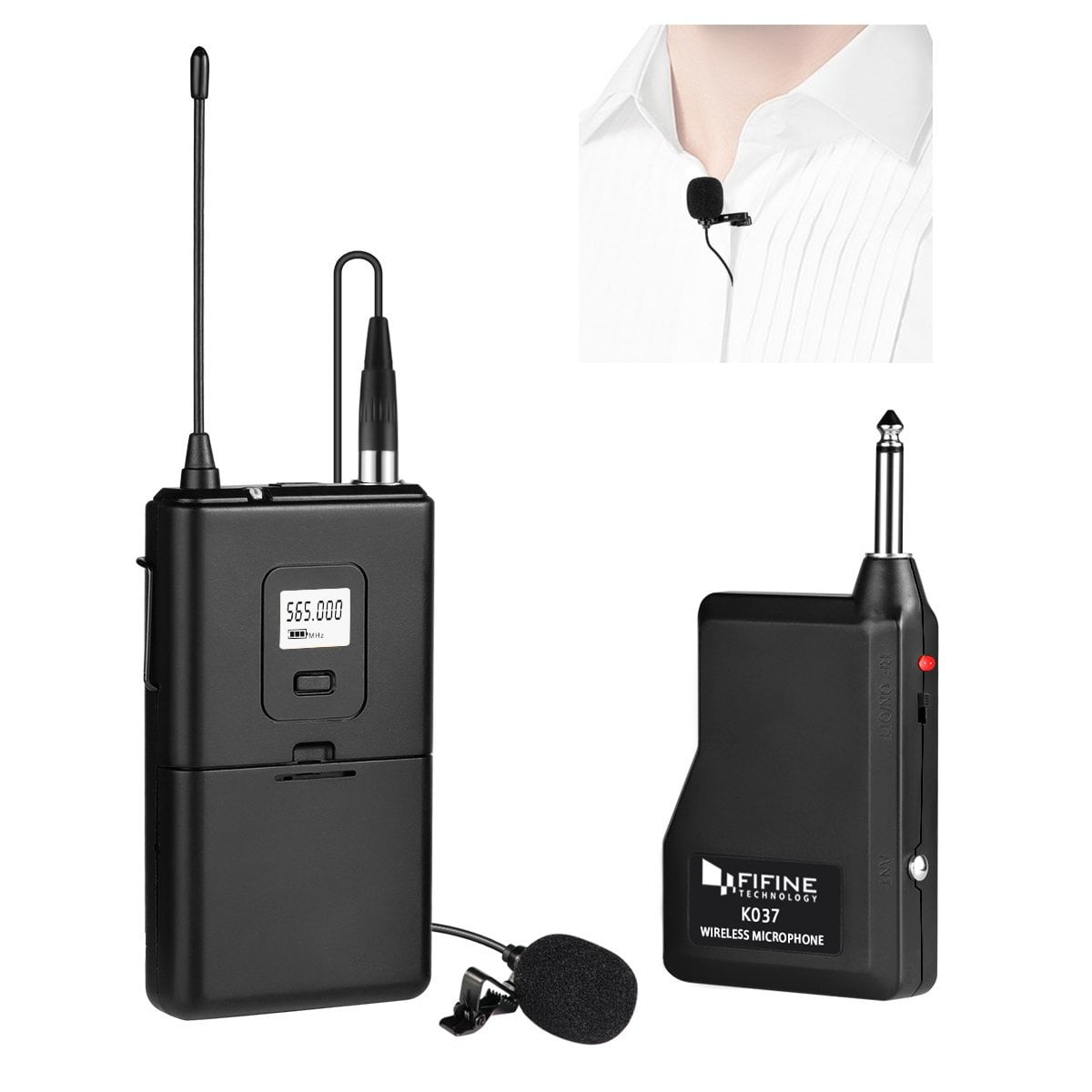 Fifine Wireless Lavalier Lapel Microphone System UHF 20 Channels with 1 Transmitter,1 Receiver 1