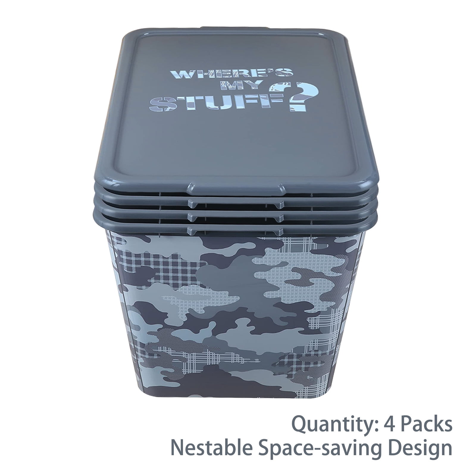 14.5 Gal 4-Pack IML Storage Tote, Stackable Bin with Lid, Organizing Storage, A 14.5-Gallon (58-Quart) -CAMO