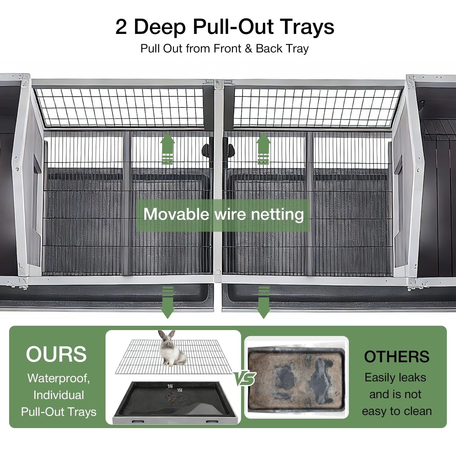 Aivituvin Rabbit Hutch Indoor Outdoor, Large Bunny Cage with Double House and Run, 10.4 ft² Guinea Pig House, Upgrade Deeper No-Leak Trays, On Wheels for Easy Moving
