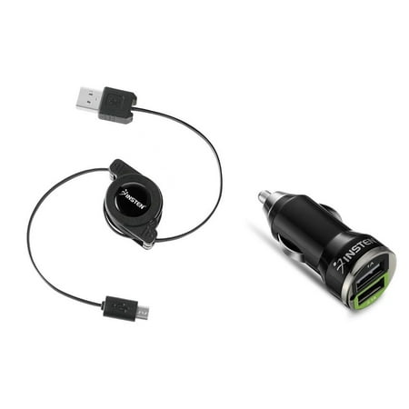 Dual Universal 2 Usb - insten 2.1 Amp USB Car Charger Dual Ports Adapter with 2-pack Retractable micro usb Cable for Smartphone Cell Phone Tab Tablet Android Device Universal - Black