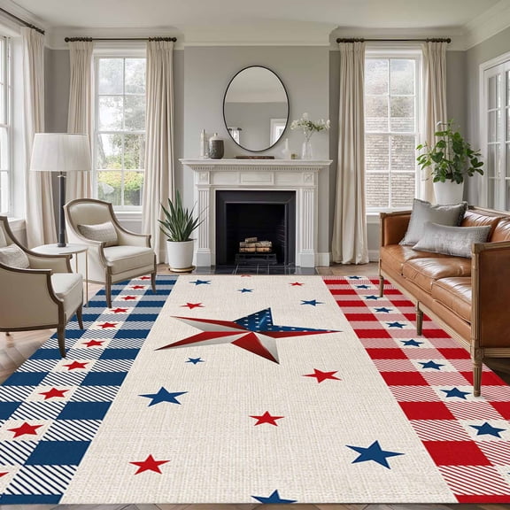 4th of July Country Star Large Area Rug 8x10 FT,Non Slip Living Room Throw Carpet,Independence Day Patriotic Red Blue Plaid Washable Soft Indoor Outdoor Carpet Rug for Bedroom Dining Room