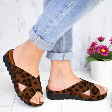 

Binmer Womens Flats Leopard Wedges Open Toe Beach Shoes Roman Slippers Sandals