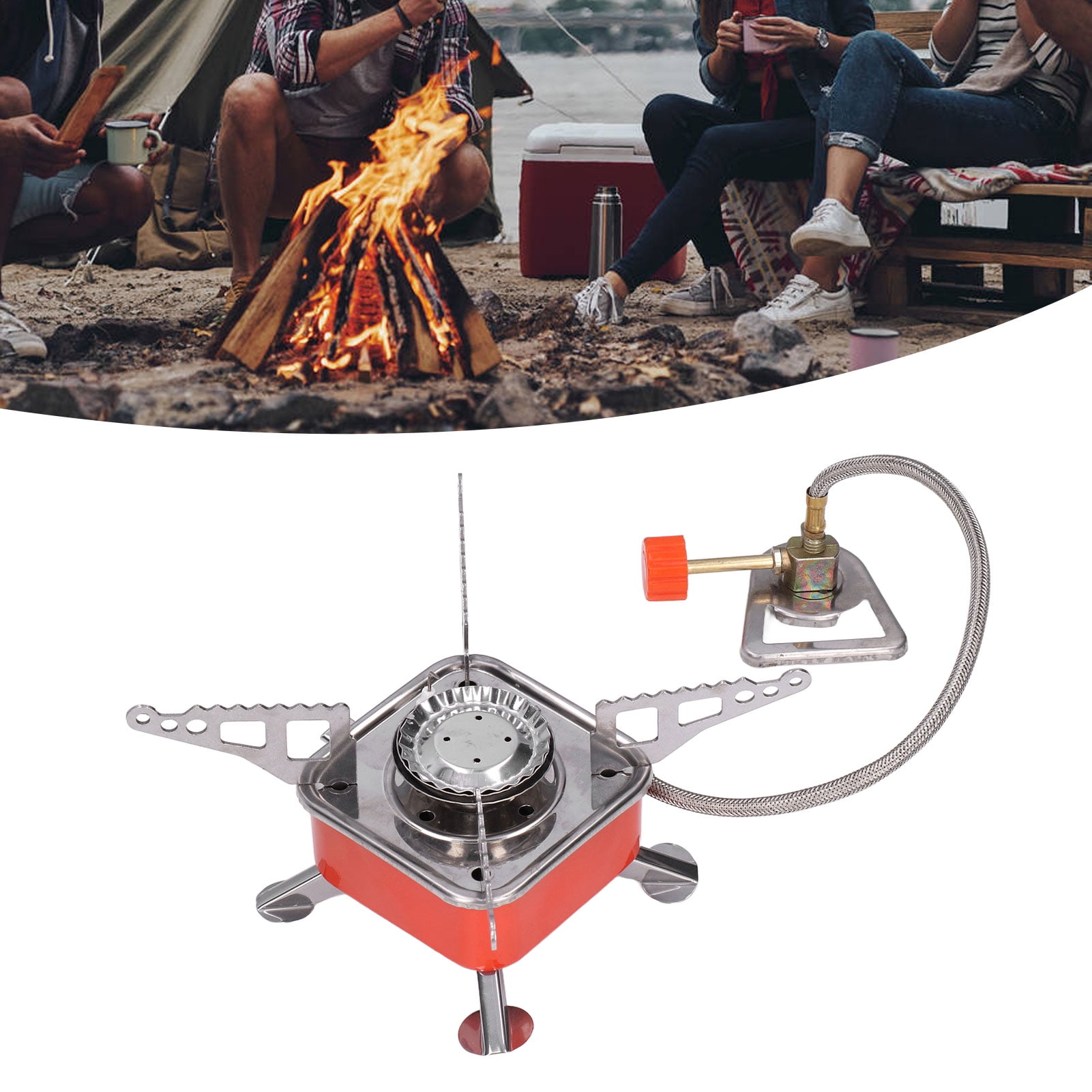 Rupoun Foldable Camping Stove Portable Stainless Steel Aluminum Alloy Backpacking Gas Stove Small Square Burner for Hiking Picnic Outdoor Cooking Equipment Silver Orange 4.72 inches / 12 cm