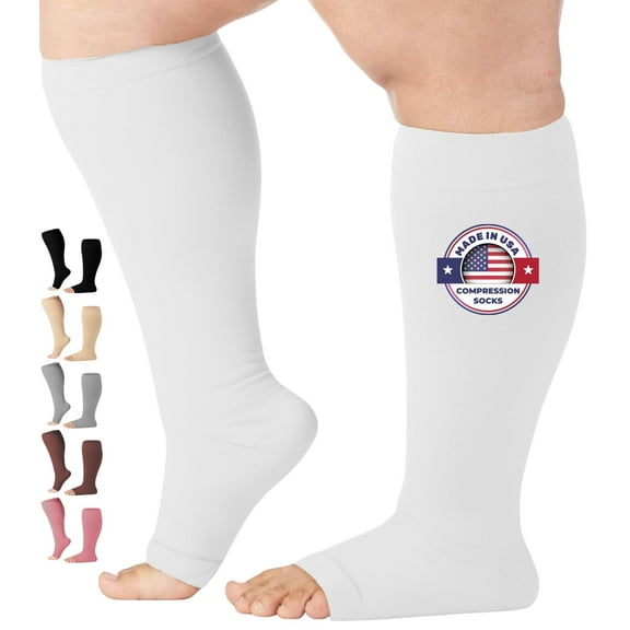 Opaque Unisex Compression Stockings 20-30mmHg with Open Toe - White, Small