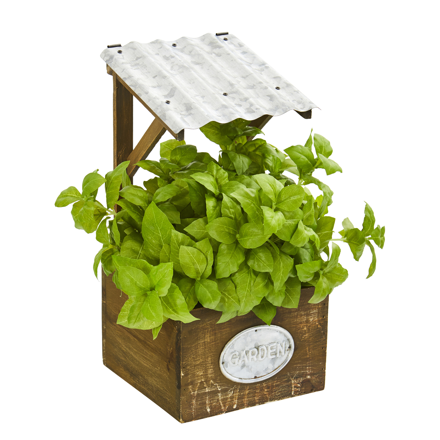 Nearly Natural 11inch Basil Artificial Plant in Tin Roof Planter