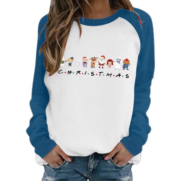 Gibobby Sudadera sin capucha y ocio Sudadera con estampado navideño para mujer, de cuello Rojoondo informal, camisa holgada, Tops ligeros (Aqua, M)