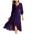 thumbnail image 1 of Robes d'Été pour Femmes en Chiffon Col en V Manches Longues Plissée Longueur Midi Robe d'Été Violette S, 1 of 5