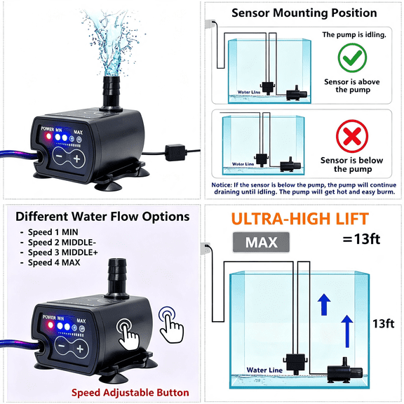 LADYGYM Automatic Small Sump Pump with Water Level Sensor,13 Ft Drain Height with 4 Level Flow Control,Mini Submersible Water Condensate Pump for Dehumidifier,Ice Maker,Tank Auto Shut Off