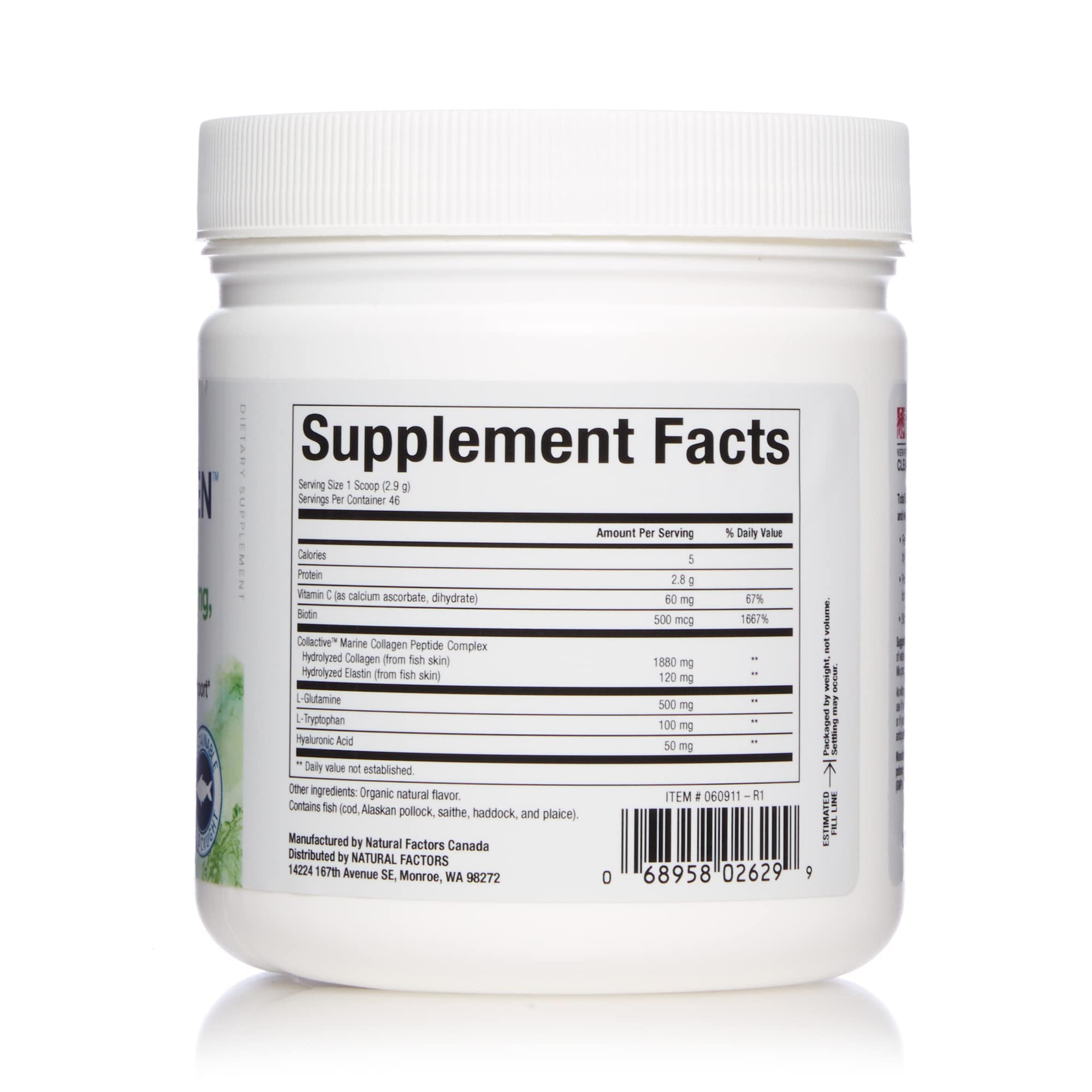 Natural Factors Total Body Marine Collagen, Bioactive Peptides Powder for Healthy Skin, Hair & Joints, Unflavored, 4.8 Oz