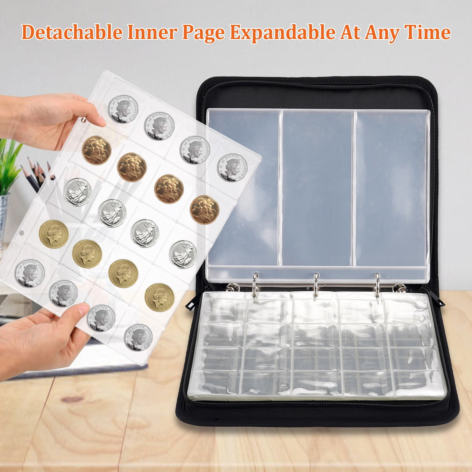 VORFOR Coin Collection Book Holders, 400 Pockets Fireproof Coins Collection Album & 36 Sleeves Paper Money Display Storage Organizer Case