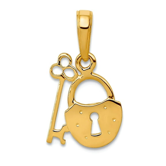 14k Yellow Gold Polished Padlock and Key Pendant Necklace 17.5x10.3mm Pendant for Women - .6 Grams