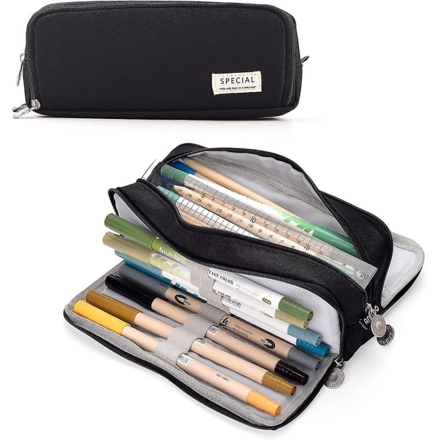 Estuche de gran capacidad para niñas y niños, con 3 compartimentos (negro)