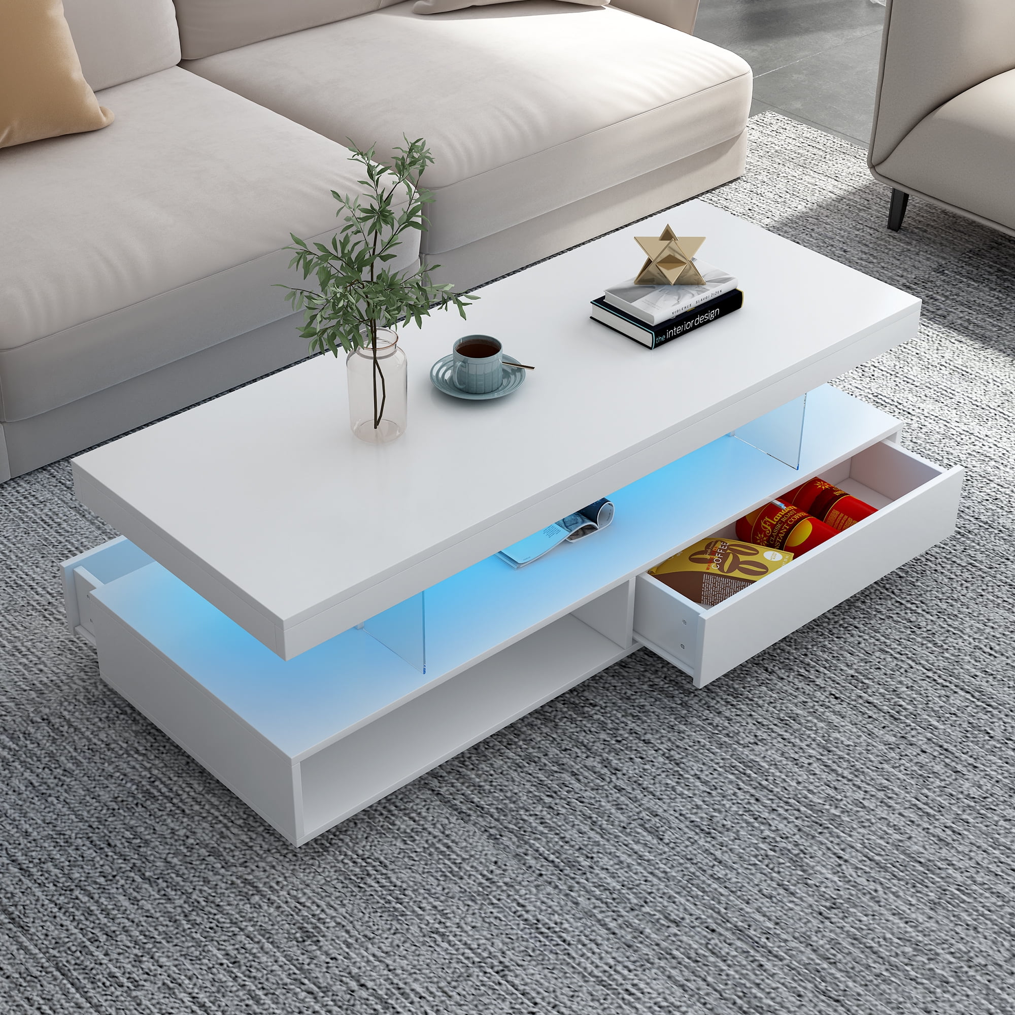 Euroco LED Coffee Table with Storage and Display Shelves, Modern Black Center Table with 2 Drawers and 16-Color LED Lights for Living Room