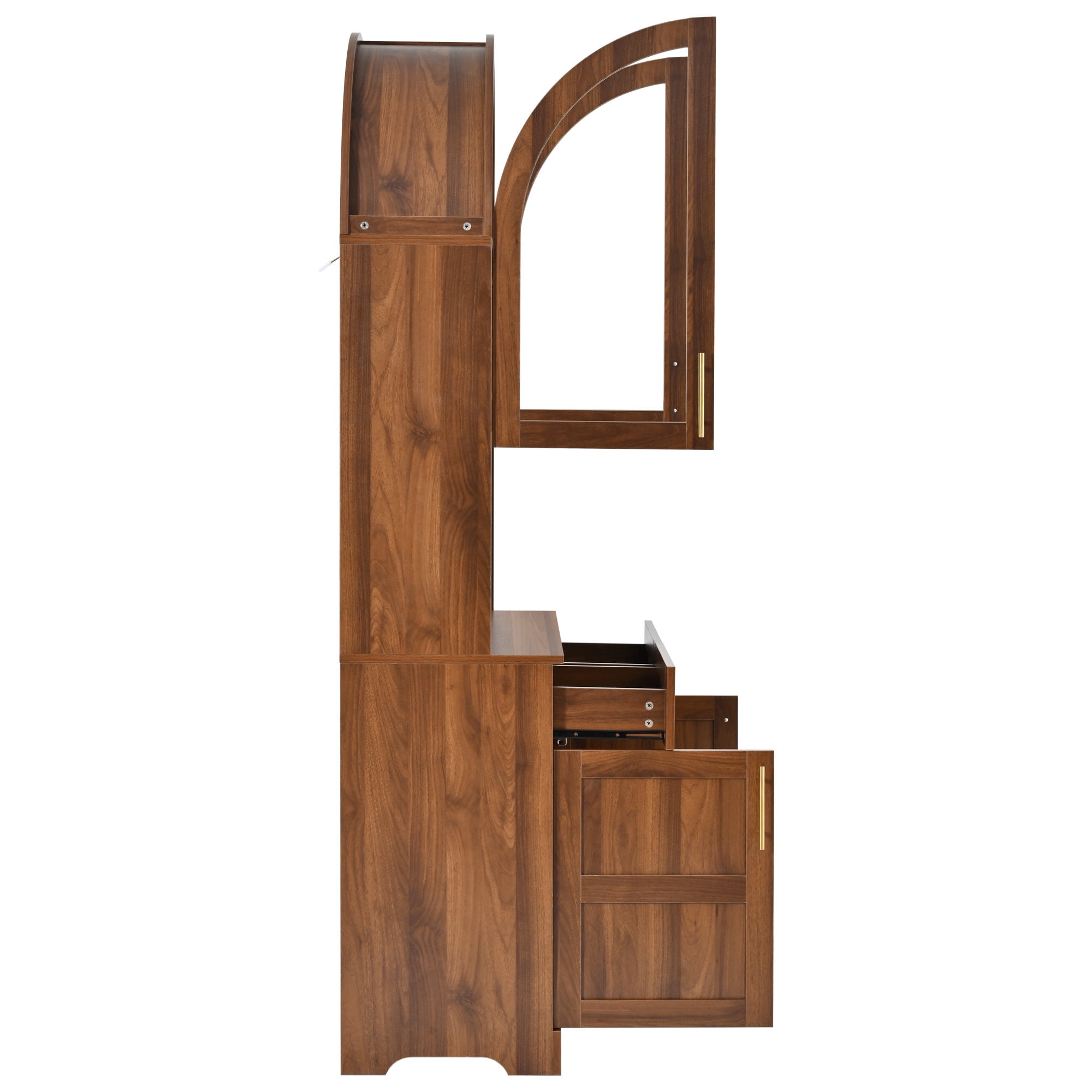 Euroco 74.8" Tall Arched Kitchen Pantry Cabinet,Farmhouse Arched Kitchen Storage Hutch with Glass Doors,2 Drawers,Adjustable Shelves,Power Outlet & LED Light,Freestanding Tall Cupboard,Walnut