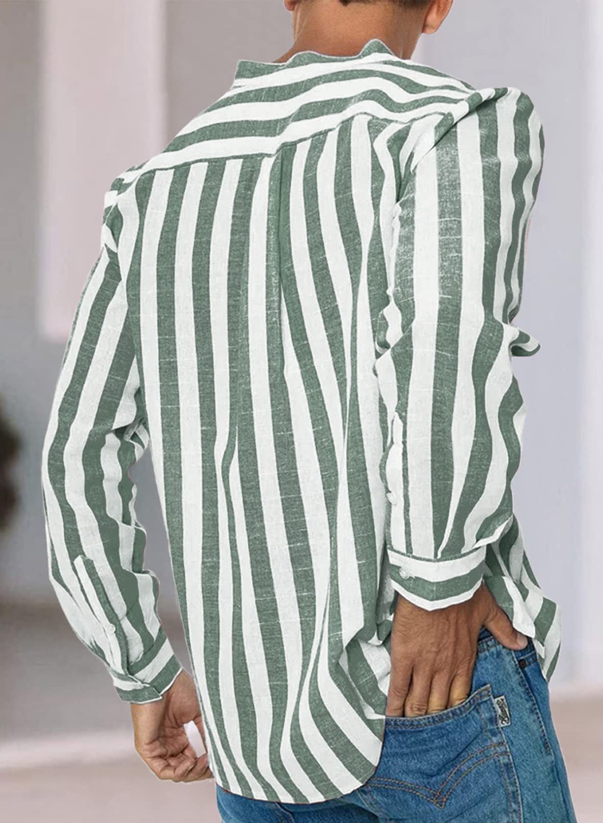 JMIERR Mens Casual Cotton Linen Shirts Button Down Long Sleeve Striped  Beach Resort Shirts for Men,US 40(M),1Green