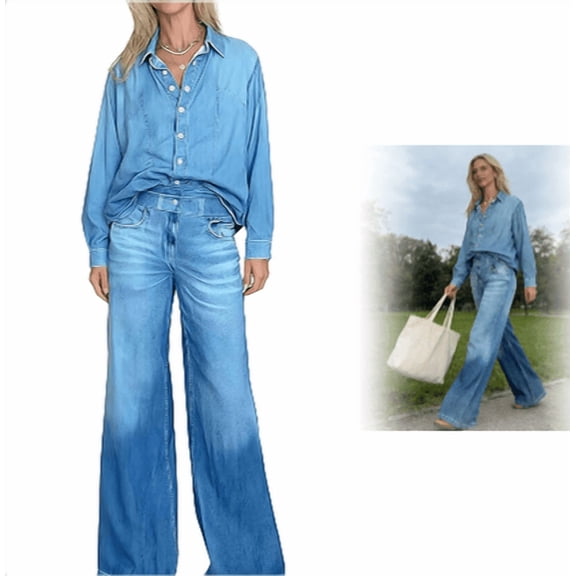 Denim Dreams Pajama Set – Cozy Women’s Denim Pajamas with Relaxed Wide-Leg Pants & Button-Front Top, Cloud-Soft Comfort, S–5XL