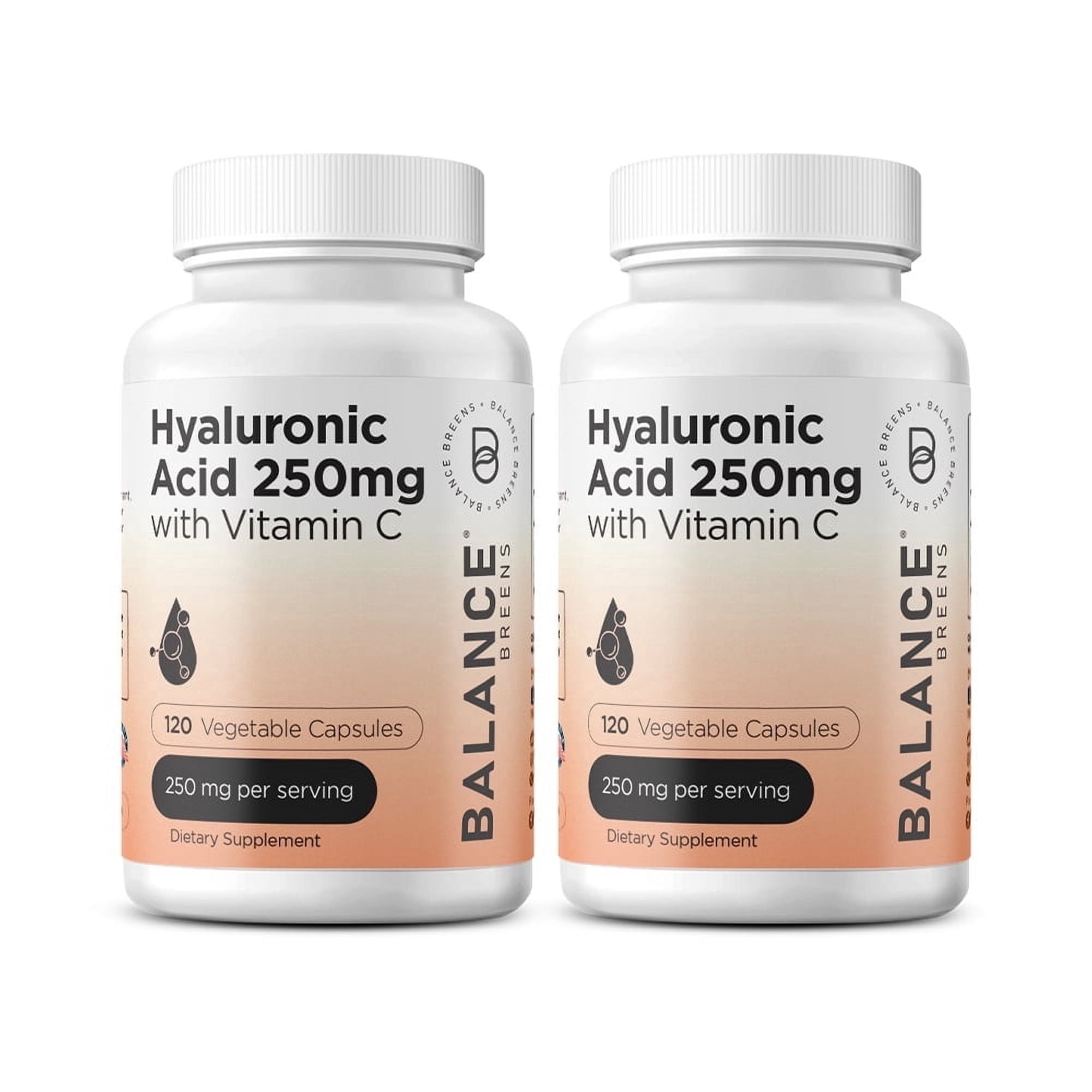 Pure Hyaluronic Acid Supplements 250mg with Vitamin C 50mg - 120 Vegan Capsules - Skin Hydration for Natural Glow - Pure Supplement w/Hair, Nails, Bone & Joint Health Formula