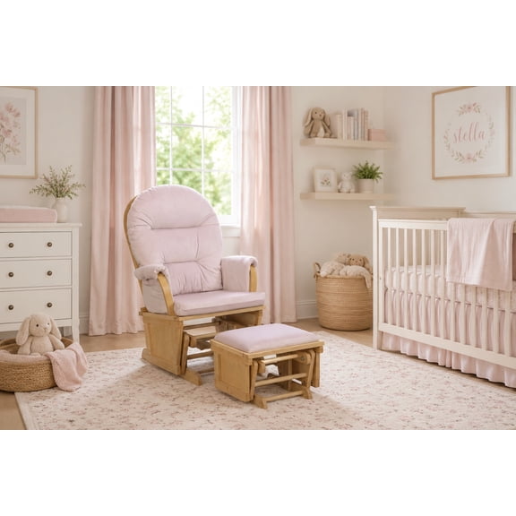 Suite Bebe Madison Wooden Nursery Rocking Chair with Ottoman, Baby Nursing Glider Rocker, Poetic Natural/Pink