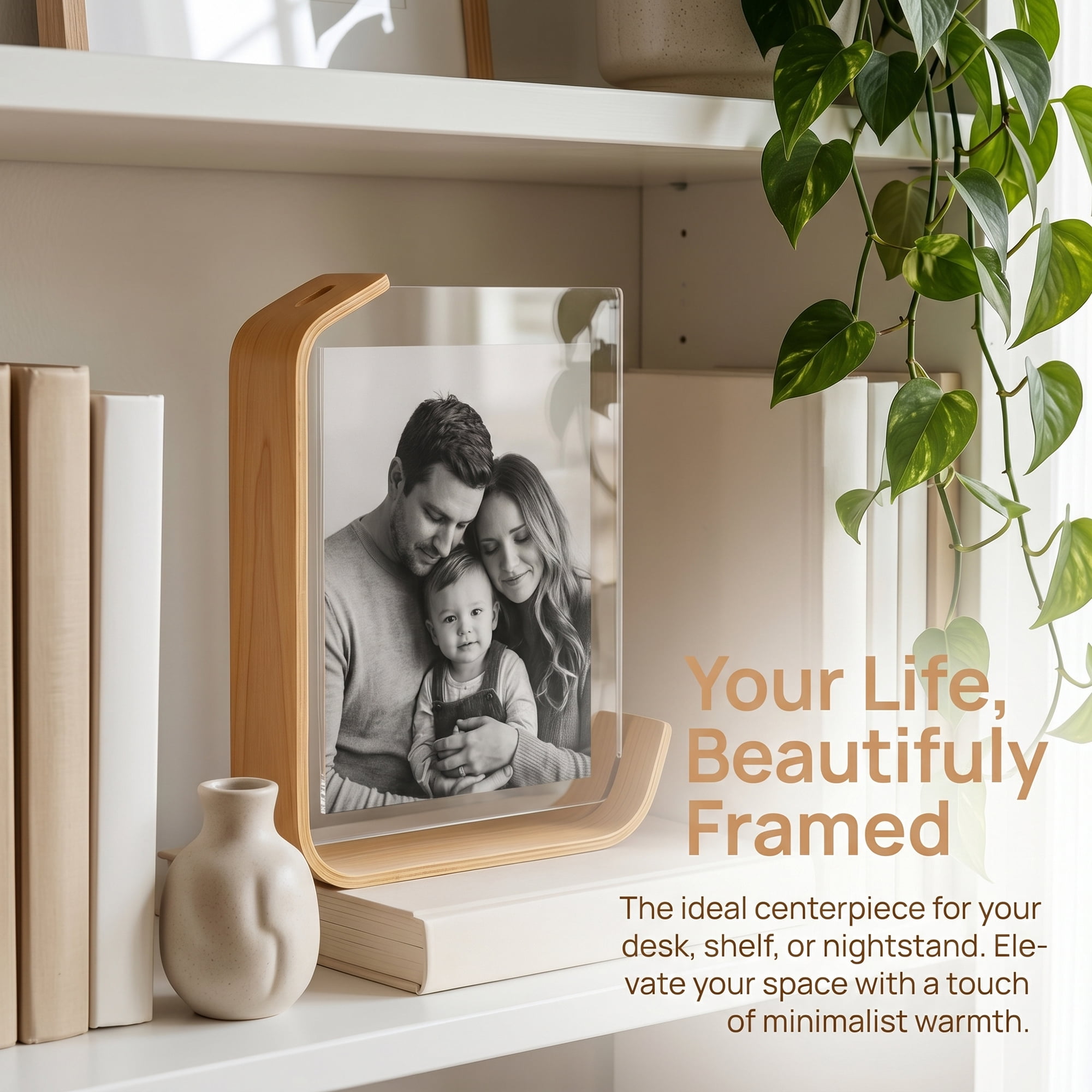 Unique Bargains Double Sided Acrylic Photo Frame with MDF Base Natural Wood Color 5" x 7"