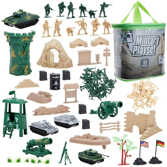 Juvale 100-Piece Army Men Toy Soldiers Playset for Boys Small Plastic Action Figures, Military Battlefield fort Accessories, Tanks