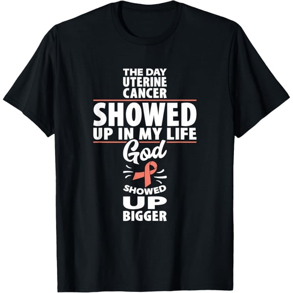 Uterine Cancer Awareness Showed Up Endometrial Cancer T-ShirtMen's and women's gift, black and white T-shirt, size: Extra large S-4XL