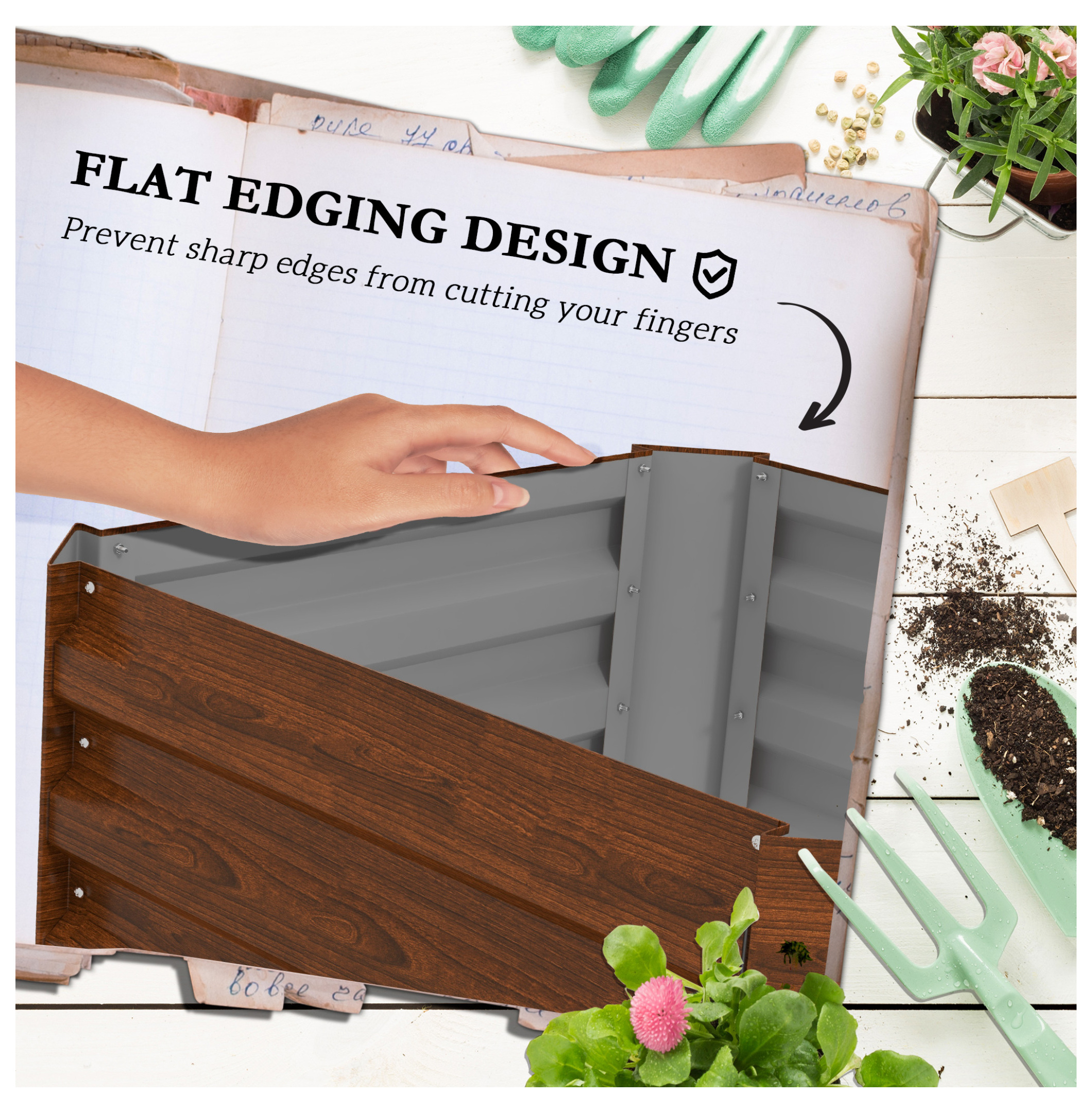 Outsunny Galvanized Raised Garden Bed, 24" x 24" x 11.75" Outdoor Planter Box with Trellis Tomato Cage and Open Bottom for Climbing Vines, Vegetables, Flowers in Backyard, Garden, Patio, Brown