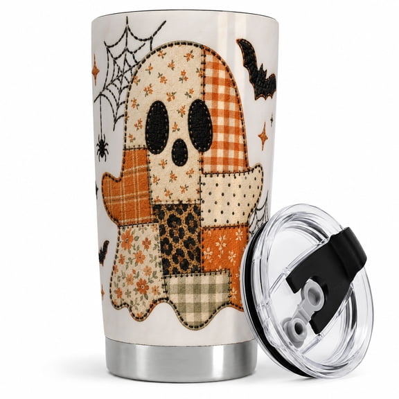 Patchwork Ghost 20oz Tumbler, Retro Halloween Pattern Design Drinkware with a stitched-style ghost, bats, webs, and orange patchwork motifs for daily use
