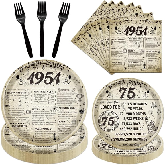 75th Birthday Plates and Napkins Party Decorations for Women Men, 1951 75th Vintage Birthday Disposable Paper Tableware Decoration, 75 Year Old Themed Forks Party Supplies Serve 24
