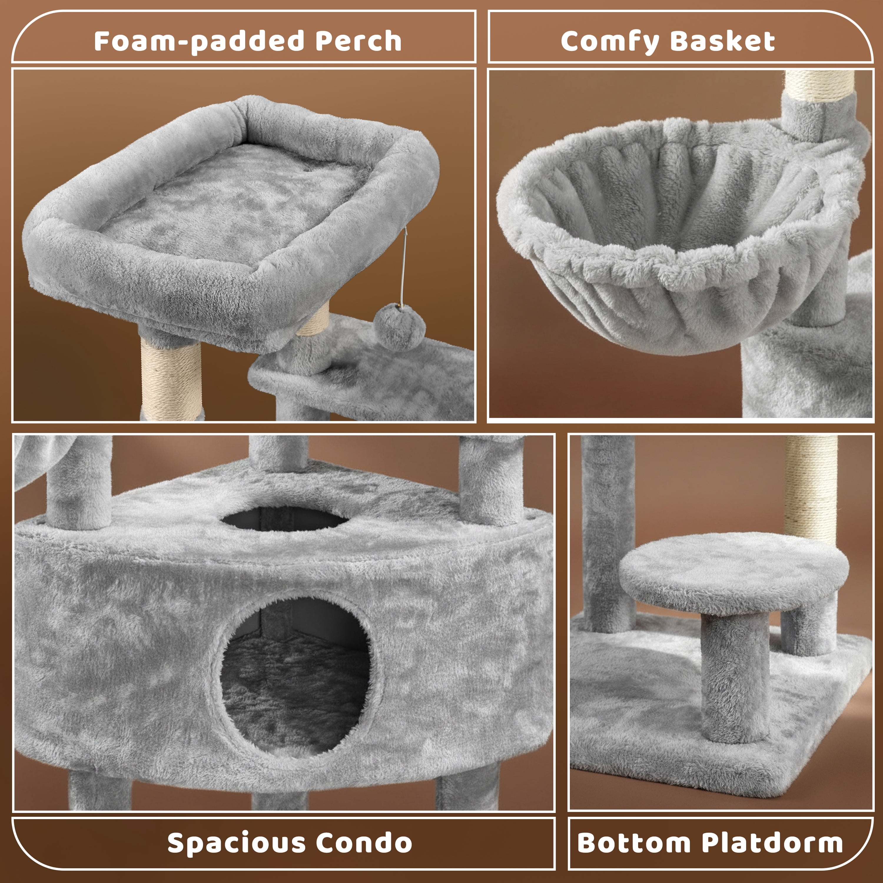 Alden Design Multilevel Cat Tree Basket Condo Scratching Posts, Light Gray