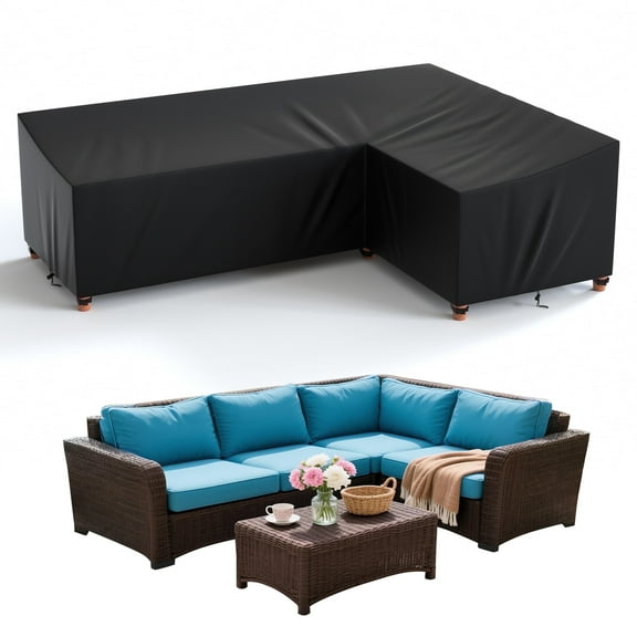 COSYUMI Patio L-Shaped Sectional Sofa Cover, Heavy Duty Durable Oxford Outdoor Sectional Couch Cover with 6 Windproof Buckles, Patio Waterproof L-Shaped Furniture Cover, Outdoor Furniture Cover