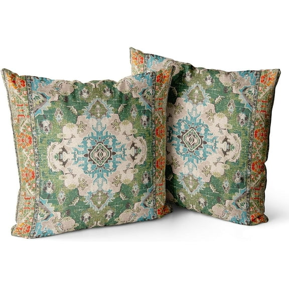 Boho Throw Pillow Covers 18x18 inch Set of 2 Monaco Rug Persian Carpet Double Sided Pattern Cotton Soft Pillow Case Cushion Cover Pillowcase for Couch Sofa Bed Decorative (Green)