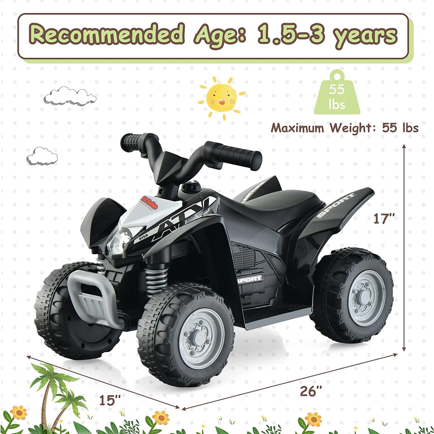 OLAKIDS Kids Ride On ATV, 6V Electric Vehicle for Toddlers, 4 Wheeler Battery Powered Motorized Quad Toy Car for Boys Girls with LED Lights, Horn (Black)