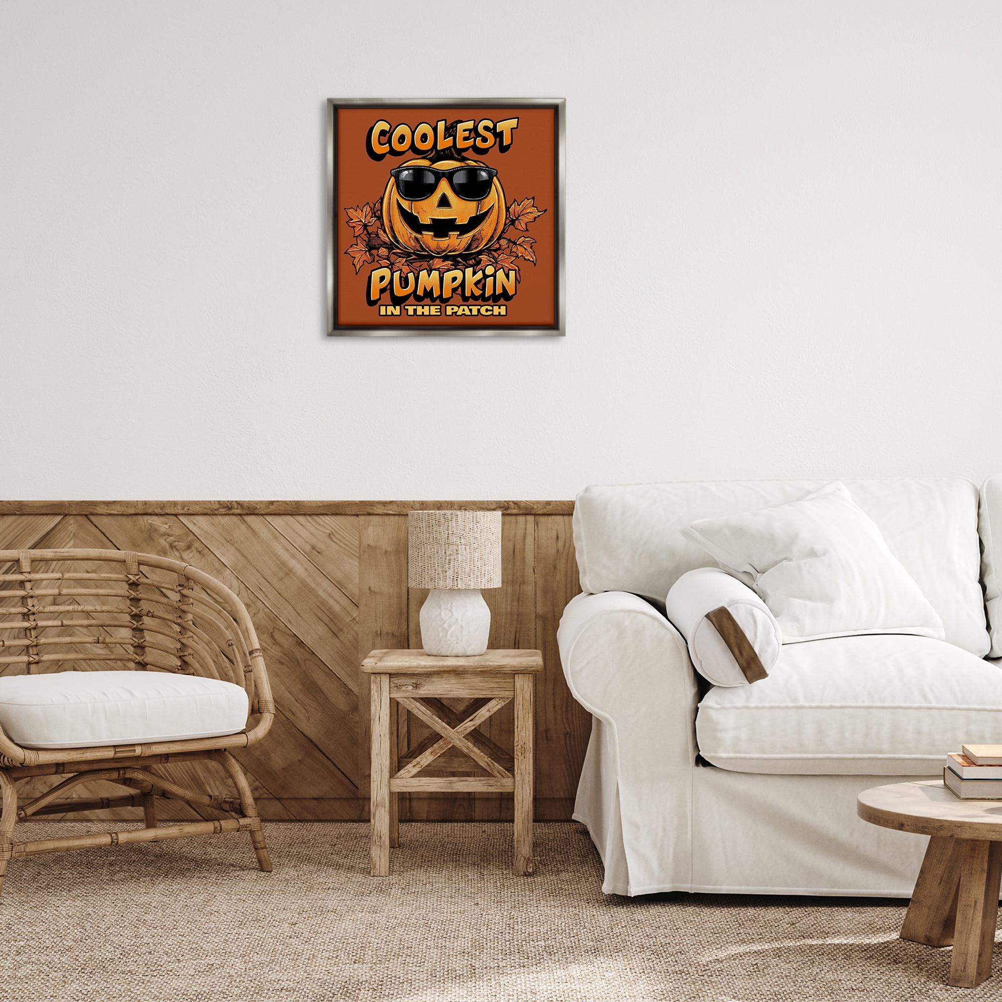 Stupell Industries Coolest Pumpkin with Sunglasses Holiday Painting Gray Floater Framed Canvas Art Print Wall Art, 25 x 25