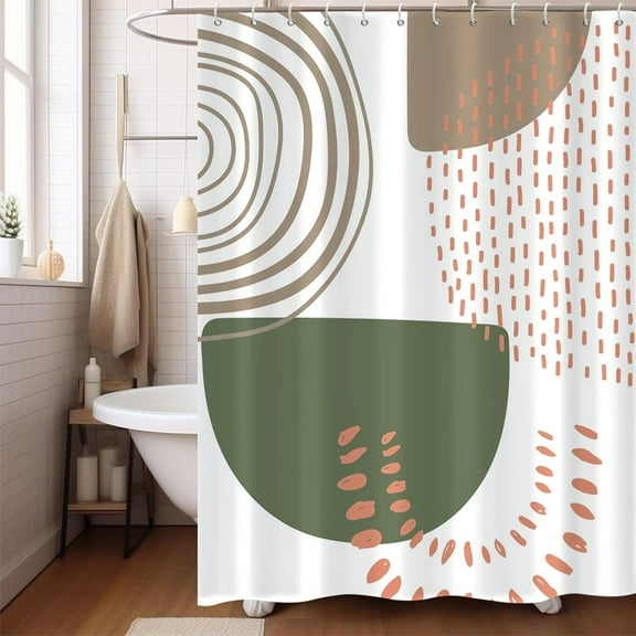 Boho Shower Curtain, Mid Century Modern Minimalist Green and Beige Neutral Machine Washable Waterproof Fabric for Bathroom Decor Bathtub with Hooks 72x72