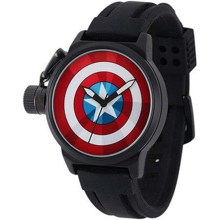 Marvel Captain America Men's Crown Protector Watch, Black Rubber Strap