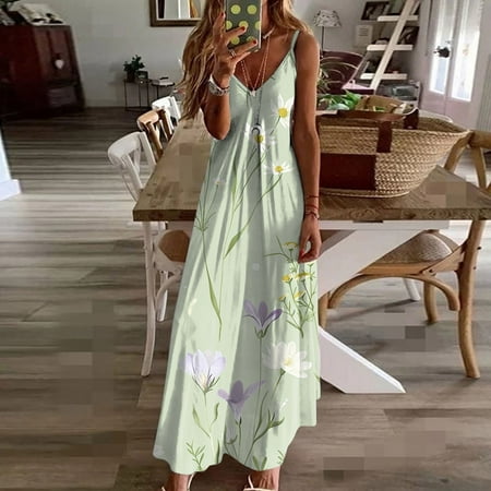 Dwaogom Women Fashion Sling Mid-waist V-neck Sleeveless Stripe Printing Slim Beach Long Dress Plus Size Dress Renaissance Dress Women Renaissance Bag
