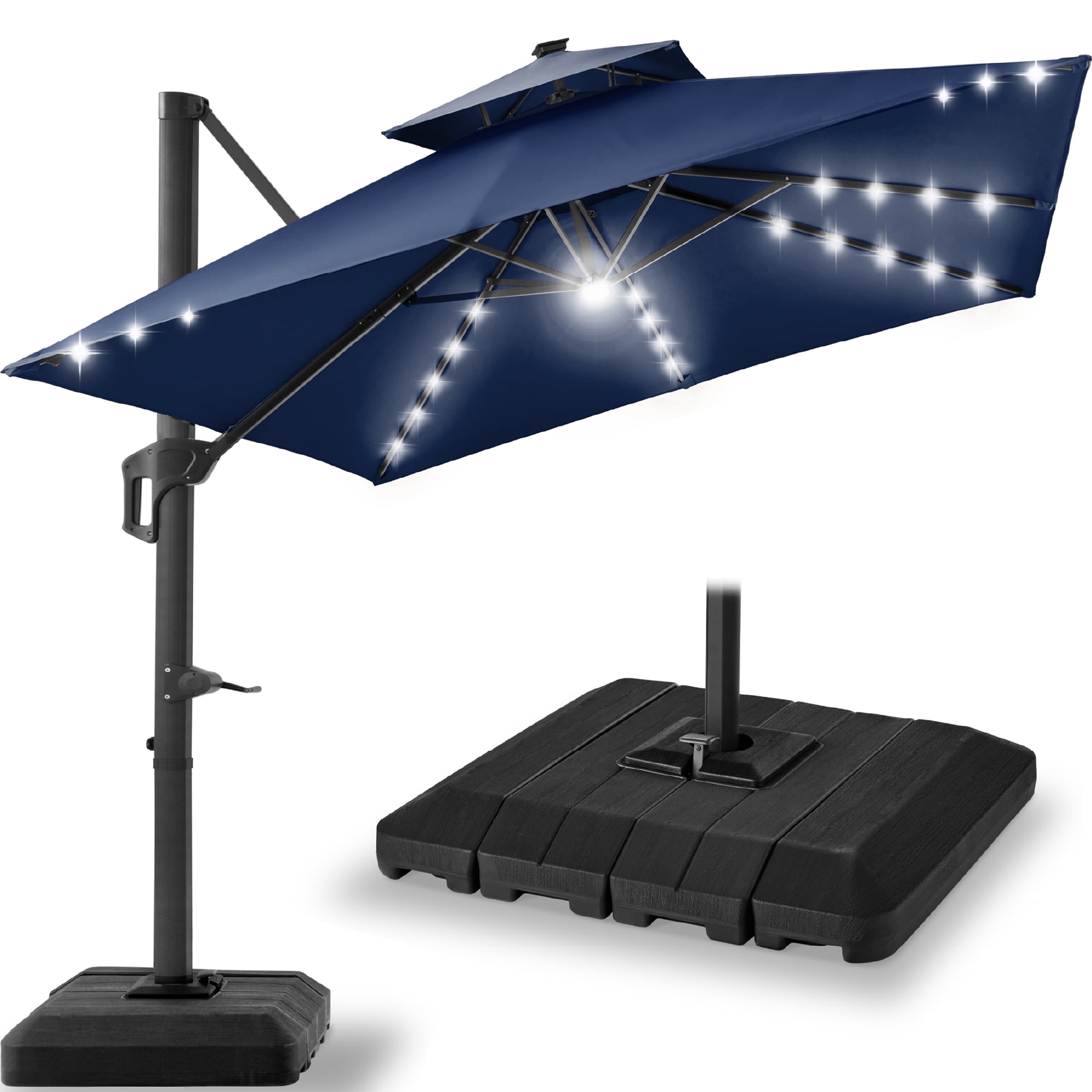 10x10 patio umbrella with lights Sunbrella Cantilever Base with a small gap in between to promote airflow and cool you while you enjoy the shade Boyel Living 10x10 ft. 360°Rotation