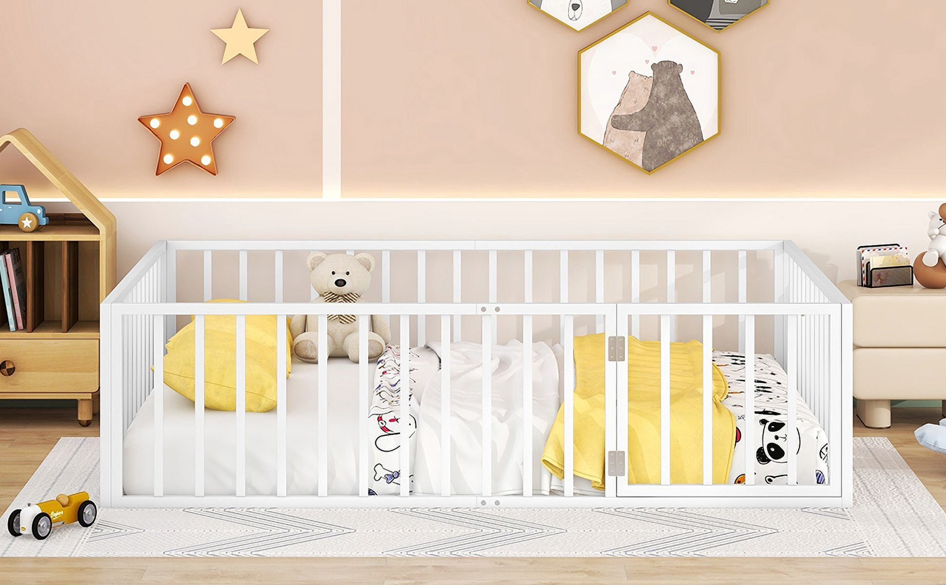 Queen  Size Floor Bed for kids,Metal Montessori Bed Frame, Fence Railings & Door,Playhouse Beds for Boys Girls, No Box Spring Needed,White