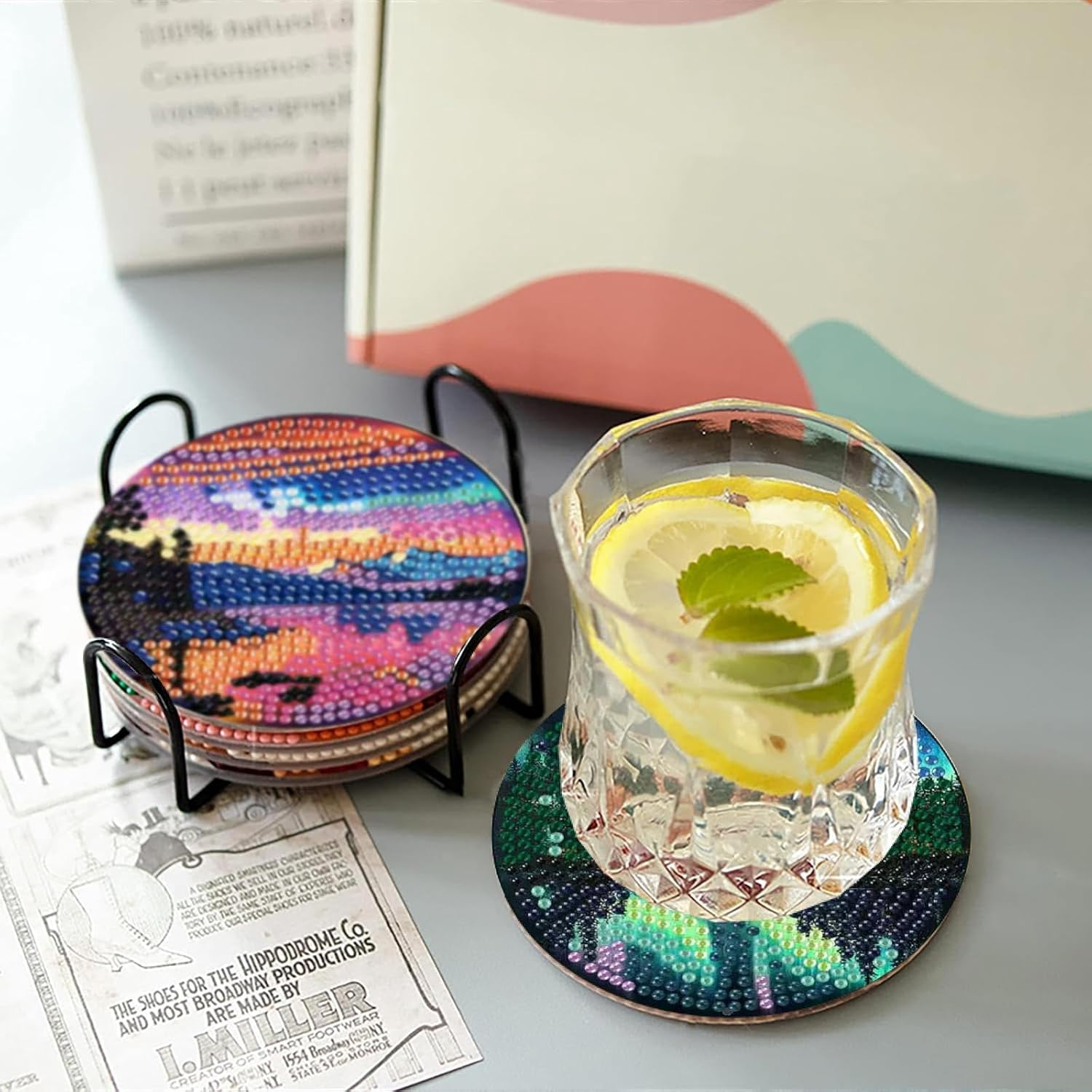 Aurora Diamond Art Coasters Kits with Holder, Landscape Diamond Painting Coasters Kits, DIY 5D Nature Scenery Diamond Dots Full Drill Art Craft Supplies