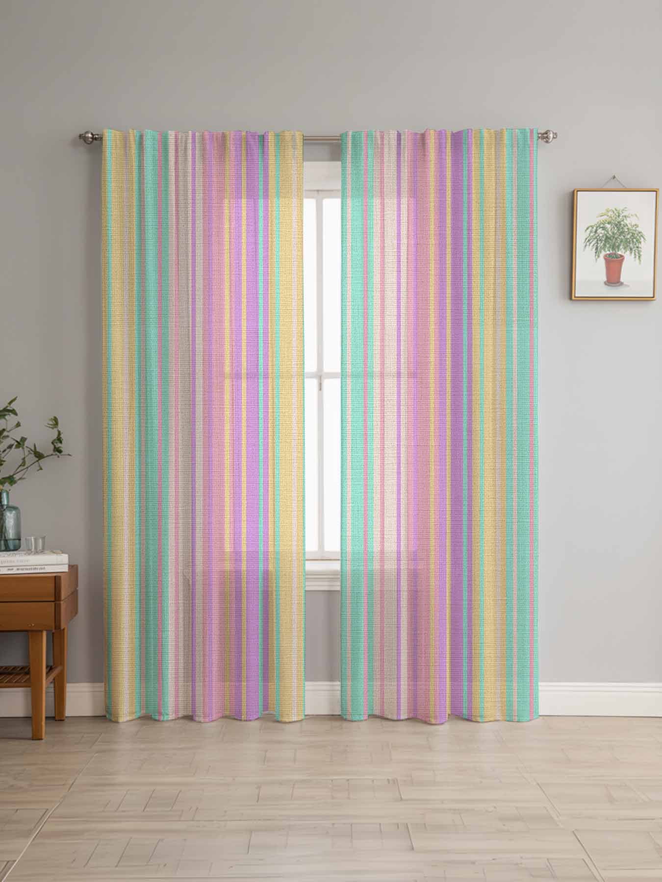 Sheer Curtains 72 Inches Long 2 Panels, Pastel Colors Vertically Striped Rod Pocket Curtain Voile Draperies, Modern Vintage Linen Light Filtering Window Treatment for Living Room Kitchen Bedroom