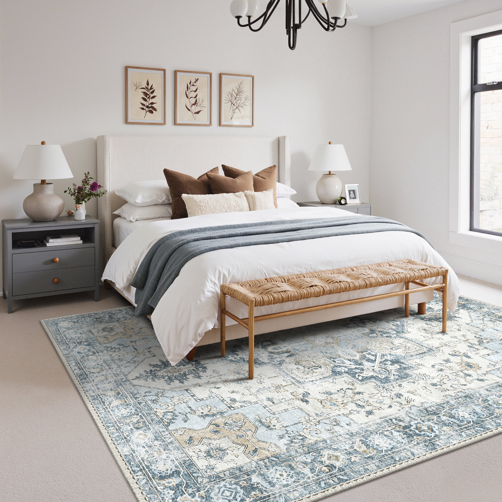 KUETH Modern 8x10 Area Rugs for Living Room, Non Slip Machine Washable Retro Rugs, Low Pile Chenille Print Rug for Bedroom, Dining Room, Home Office, Blue