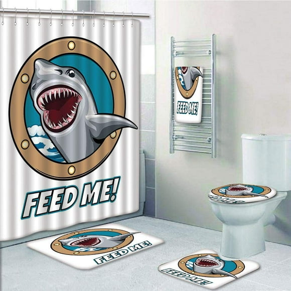 PRTAU Funny Vintage Quote with Hungry Hound Shark Head in Ship Window Humor 5 Piece Bathroom Set Shower Curtain Bath Towel Bath Rug Contour Mat and Toilet Lid Cover
