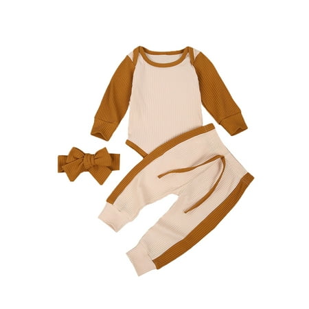 

Bmnmsl Baby Set Long Sleeve Color Block Romper Pants Headband Set
