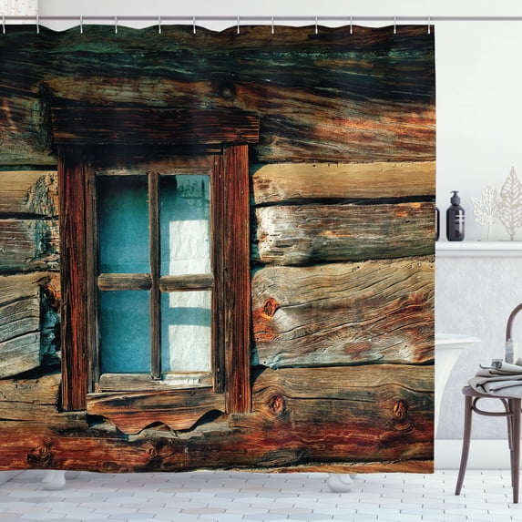 Ambesonne Scenery Shower Curtain, Wooden Pattern Window, 69"Wx84"L, Brown and Blue