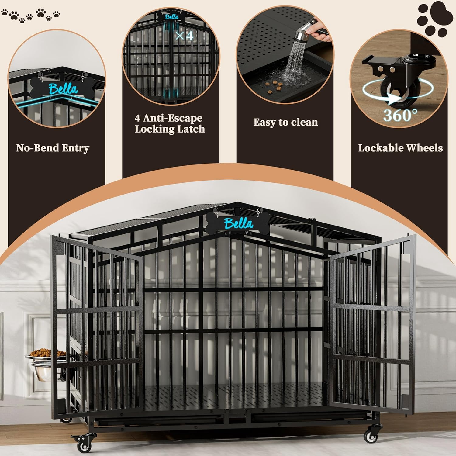 POAO 41"Heavy Duty Indestructible Dog Crate, Escape Proof Kennel for High Anxiety Large Dog, Extra Large Steel Dog Cage with Wheels