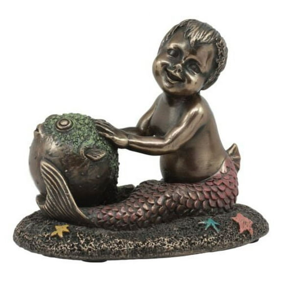 Ebros Nautical Merbaby Boy Playing With Blowfish And Starfish Figurine 3.75"L