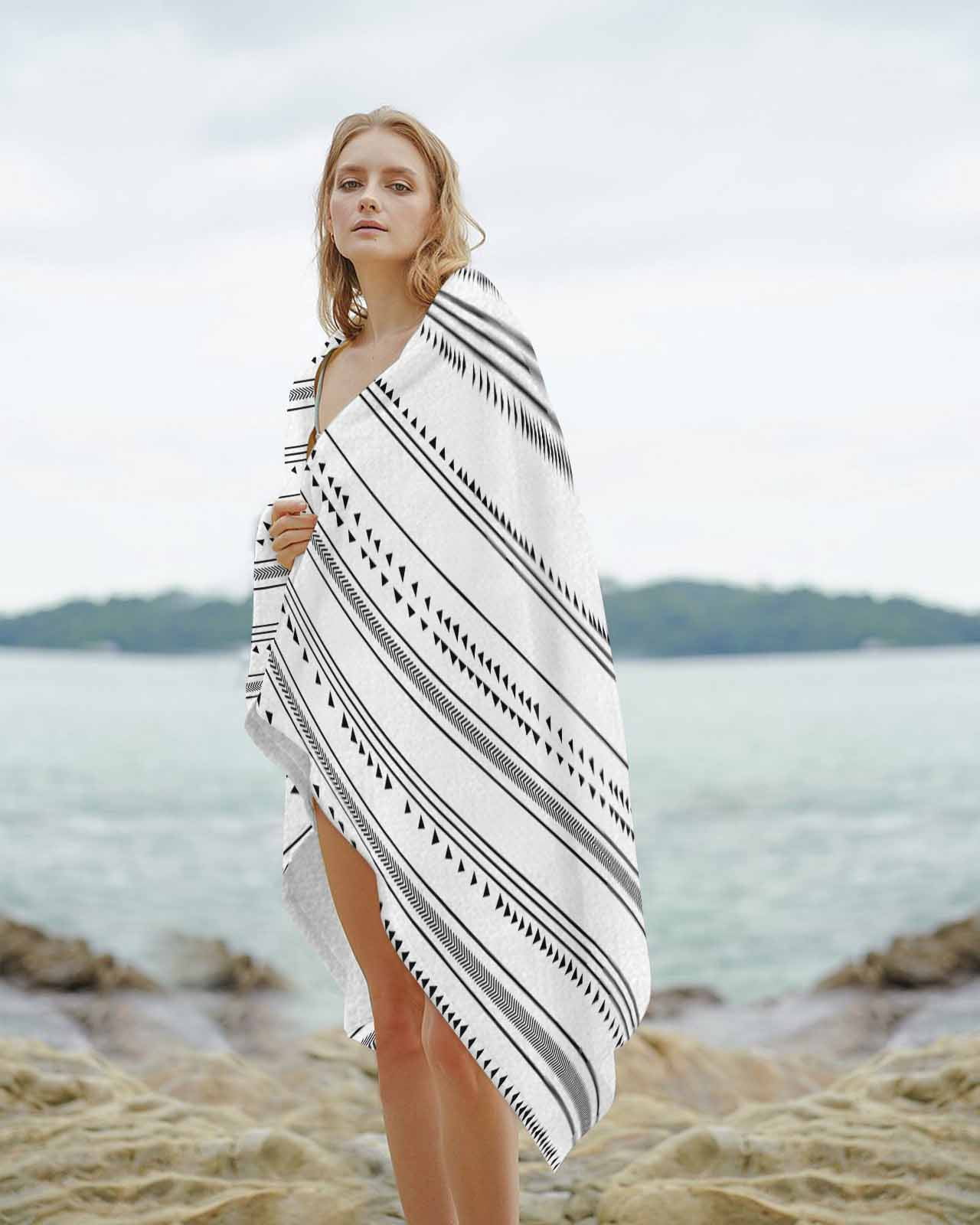 Boho Black White Modern Stripes Beach Towels Oversized Super Absorbent, Farmhouse Abstract Art Lightweight Bath Towel Quick Dry Sets For Bathroom/Pool/Rv Camping/Beach Play/Gym Room/Picnic 35"x70"
