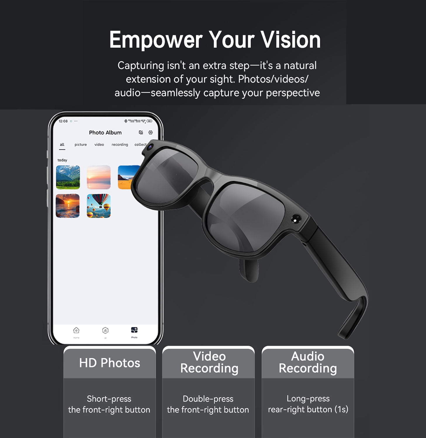 AI Smart Glasses with Camera, 1080P Video Recording Camera Glasses for Men and Women, Real Time Translation, AI Voice Assistant, Photochromic Lenses Sunglasses for Travel,(Black)