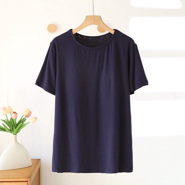 Pijama de manga corta para mujer, de moda, de color liso, con almohadilla para el pecho, sin aros de acero, ropa interior inferior, pijama de manga corta, top de algodón para mujer